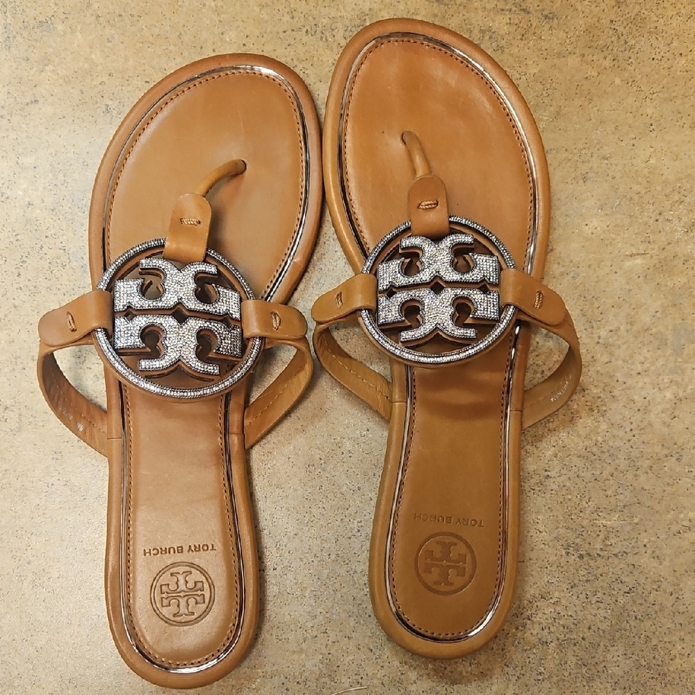 Tory Burch Brown Leather Sandals with Silver Accents